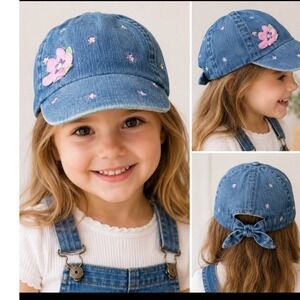 Carters Kids Denim Floral Embroidered Baseball Cap Hat with Back Bow Blue 4-6X